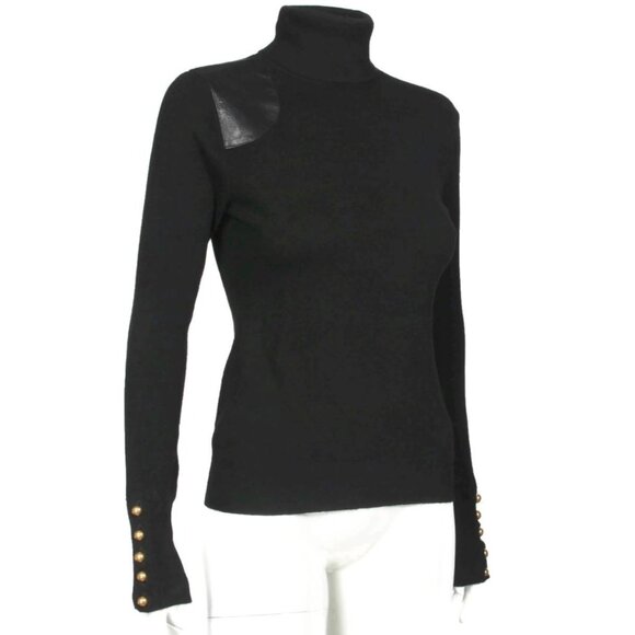 RALPH LAUREN 100% Cashmere Black Leather Shoulder Turtleneck Sweater size M /240 - Picture 1 of 9